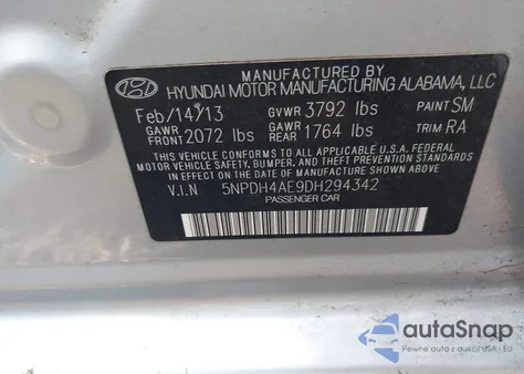 2013 Hyundai Elantra Gls z USA, uszkodzony, nr VIN 5NPDH4AE9DH294342